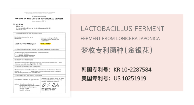 LACTOBACILLUS FERMENT, FERMENT FROM LONICERA JAPONICA, 梦妆专利菌种（金银花）, 韩国专利号 : KR 10-2287584 / 美国专利号 : US 10251919